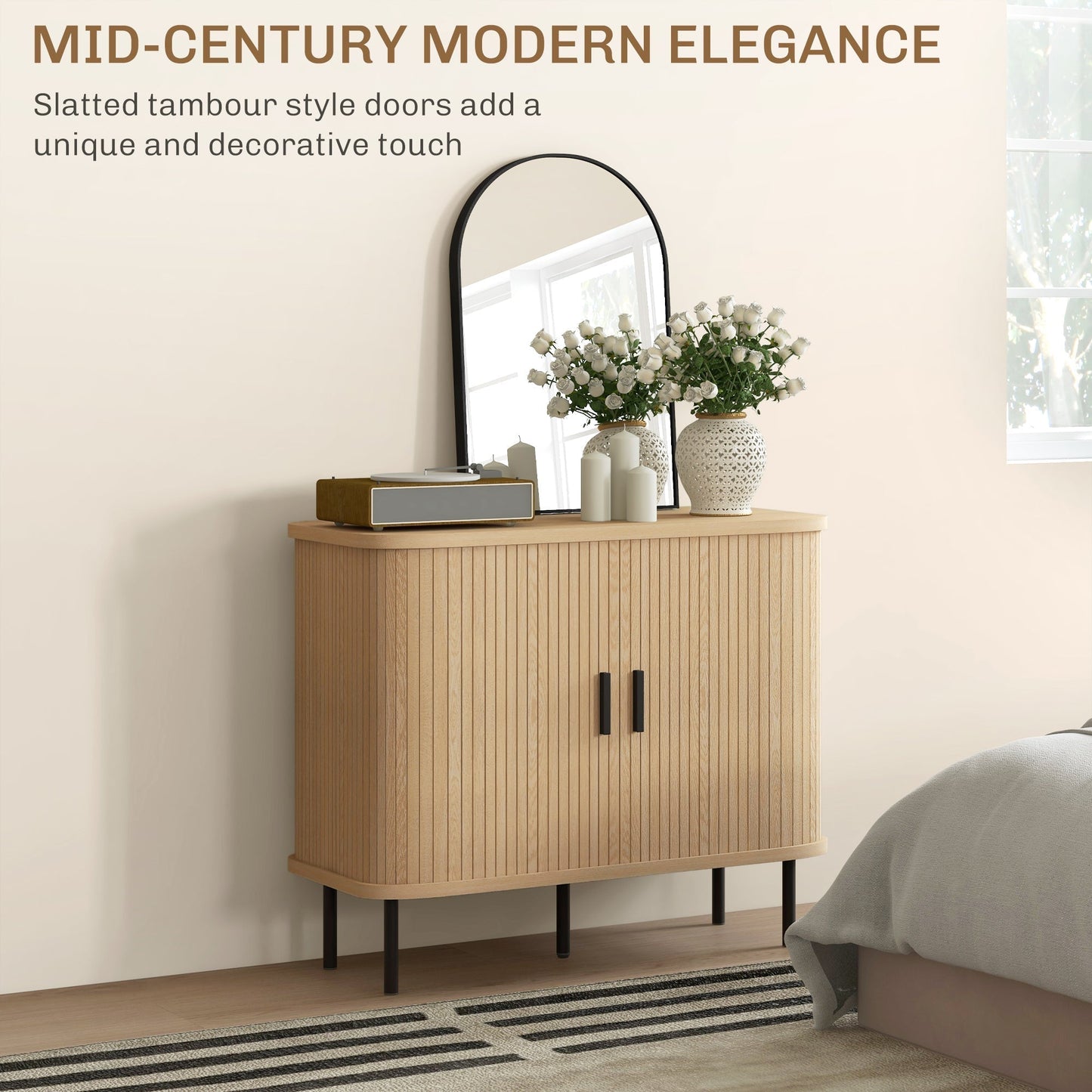 HOMCOM Mid Century Modern Sideboard Cabinet With Slatted Tambour Doors Ideal For Small Kitchens Oak Tone