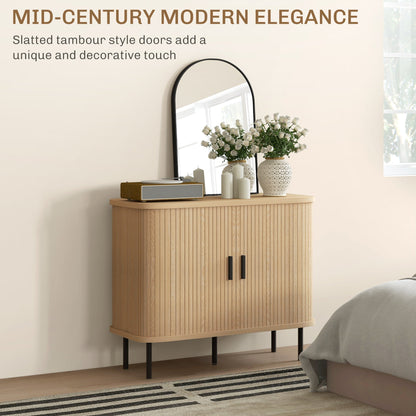 HOMCOM Mid Century Modern Sideboard Cabinet With Slatted Tambour Doors Ideal For Small Kitchens Oak Tone