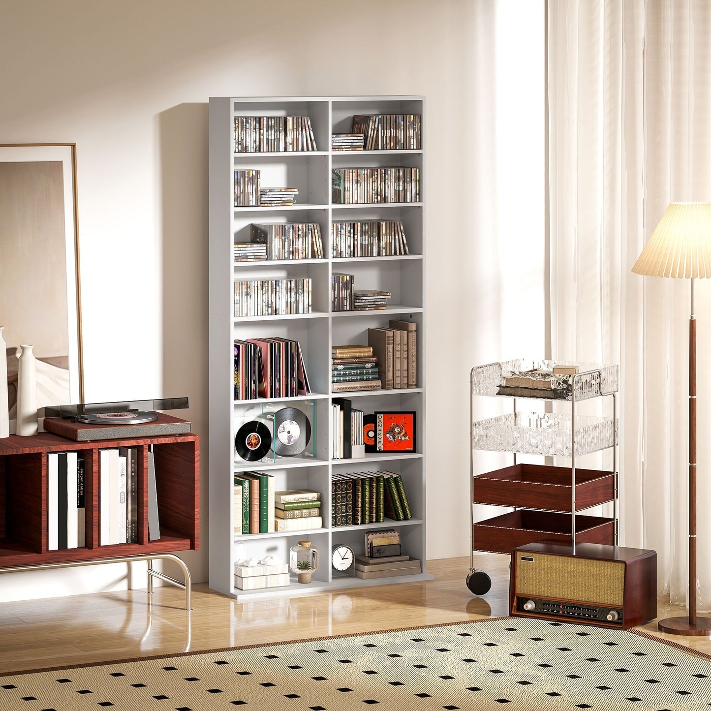HOMCOM 640 CD Storage Tower White Durable 14 Adjustable Shelves Anti Tip Design For Home Media Organization