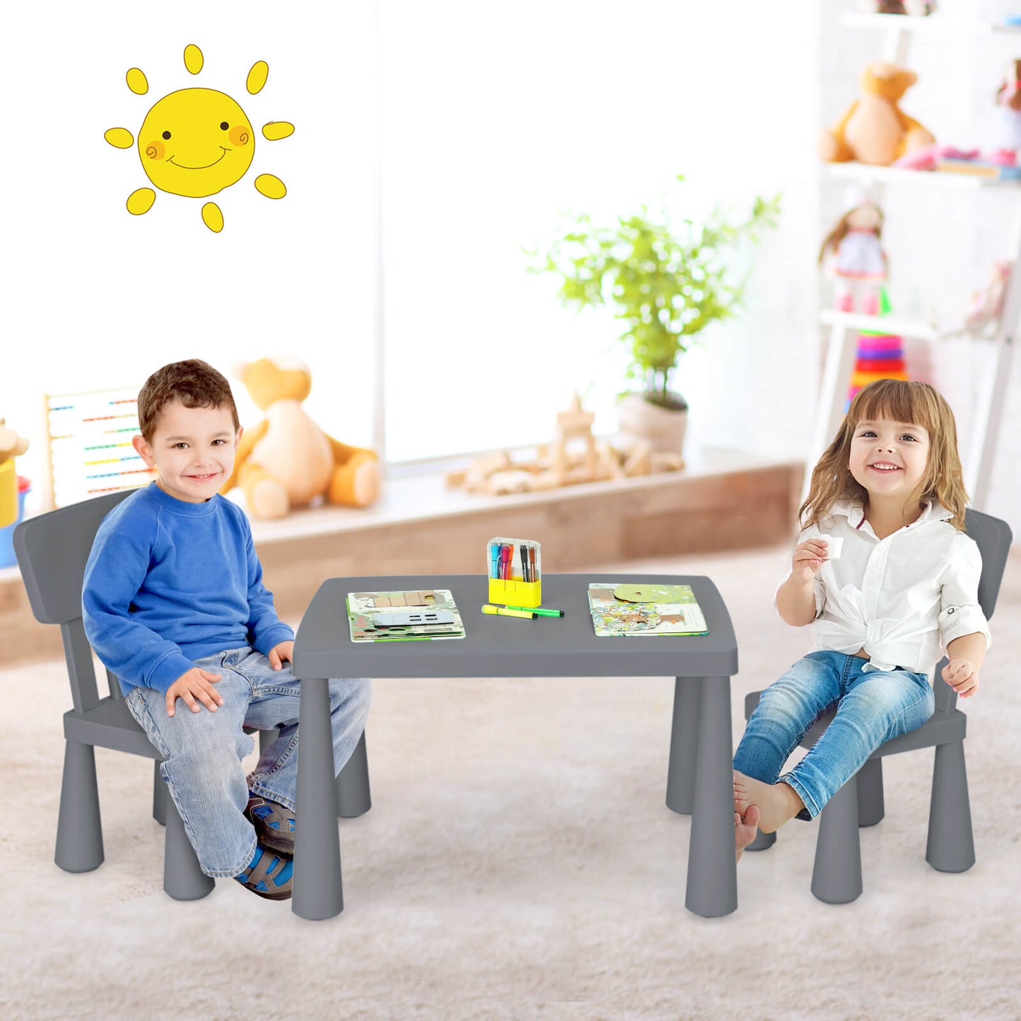Kids Multi Activity Table And Chair Set Grey For Playroom Use Sturdy Frame Easy To Clean Space Saving