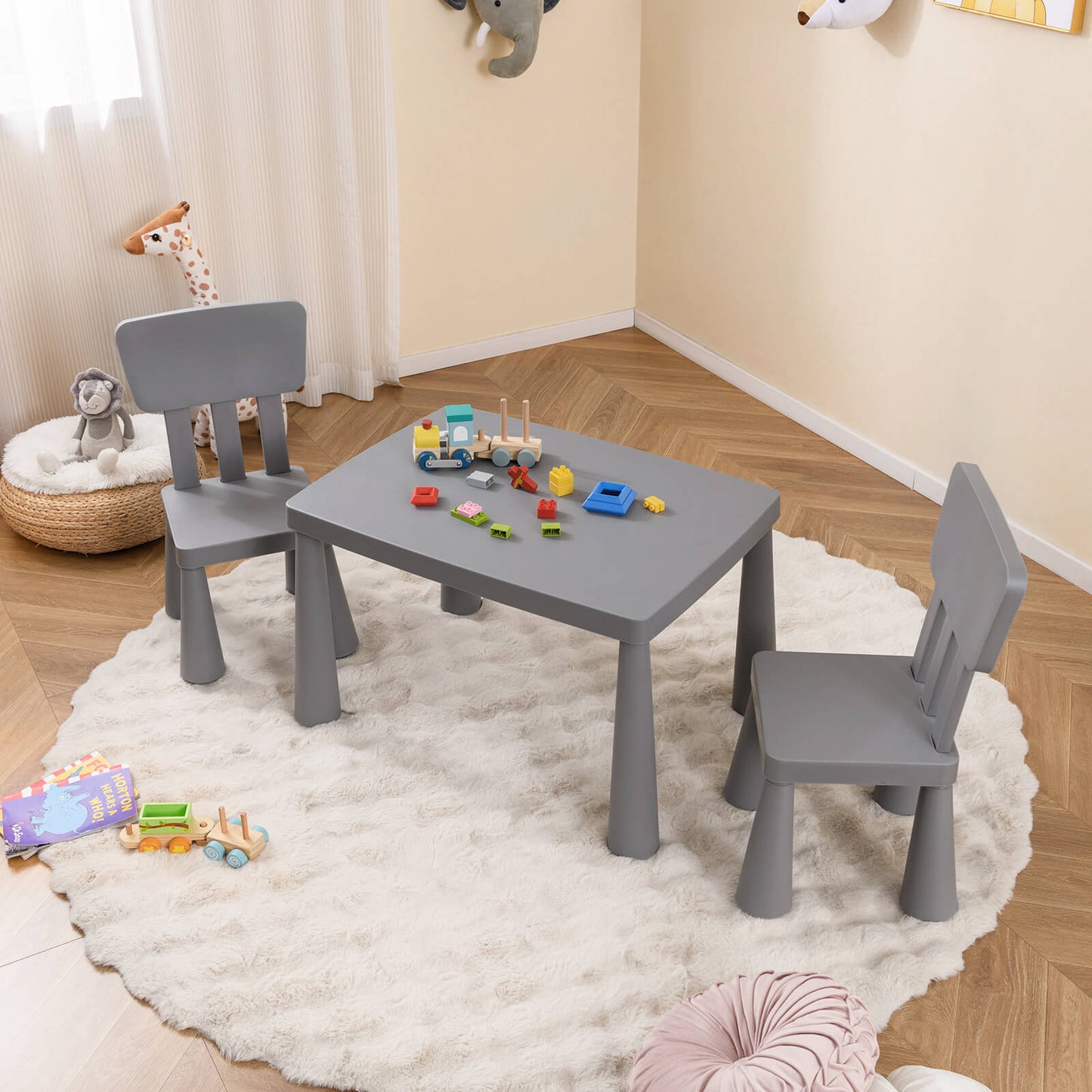 Kids Multi Activity Table And Chair Set Grey For Playroom Use Sturdy Frame Easy To Clean Space Saving
