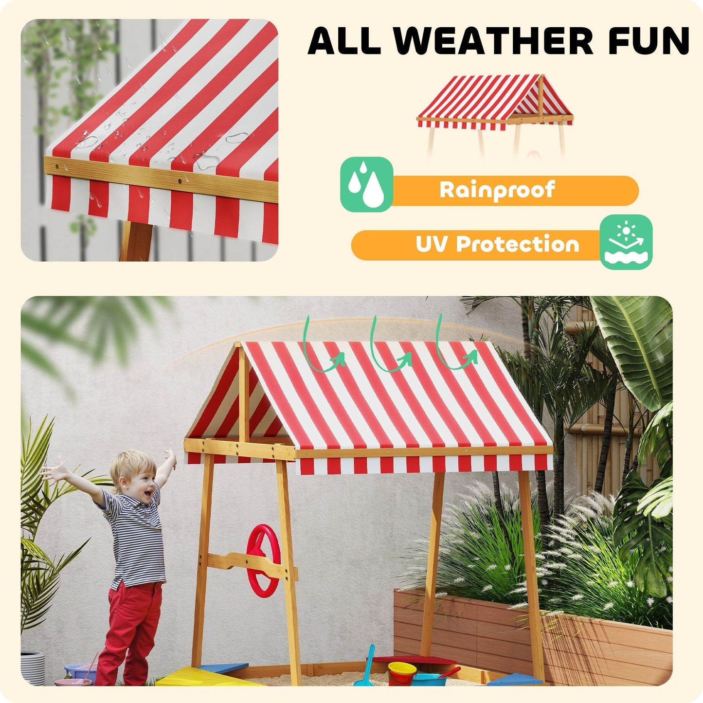 AIYAPLAY Wooden Boat Style Sandpit With Canopy For Kids Aged 3 To 8 Imaginative Outdoor Adventure