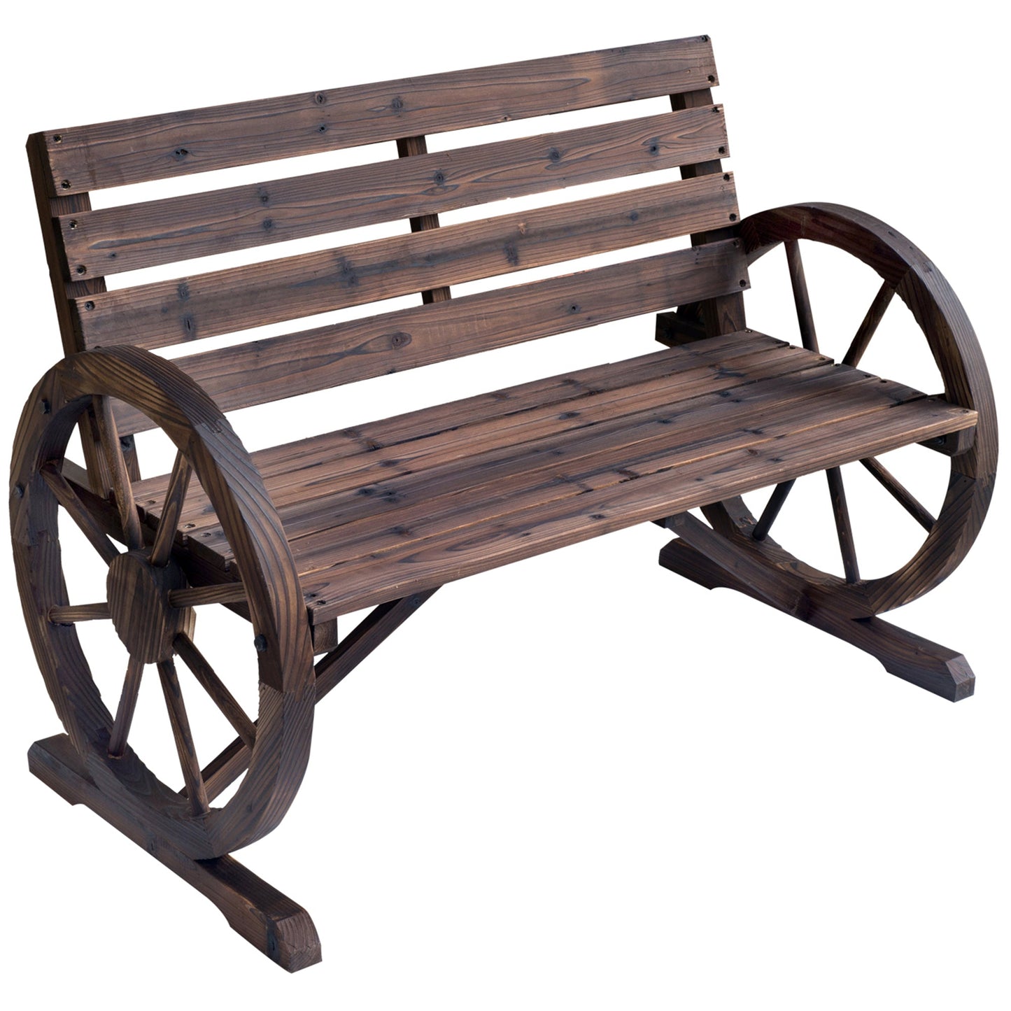 Outsunny 2 Seater Garden Bench With Wagon Wheel Armrests Rustic High Back Outdoor