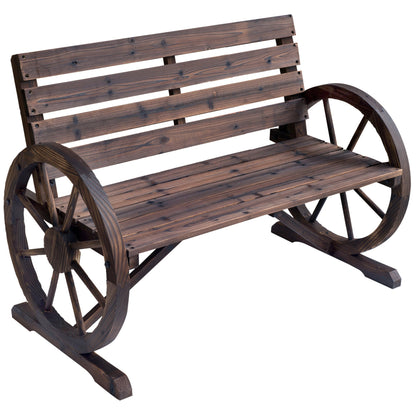 Outsunny 2 Seater Garden Bench With Wagon Wheel Armrests Rustic High Back Outdoor