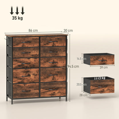 HOMCOM Fabric Chest Of Drawers Ten Drawer Organizer Rustic Brown Bedroom Storage System