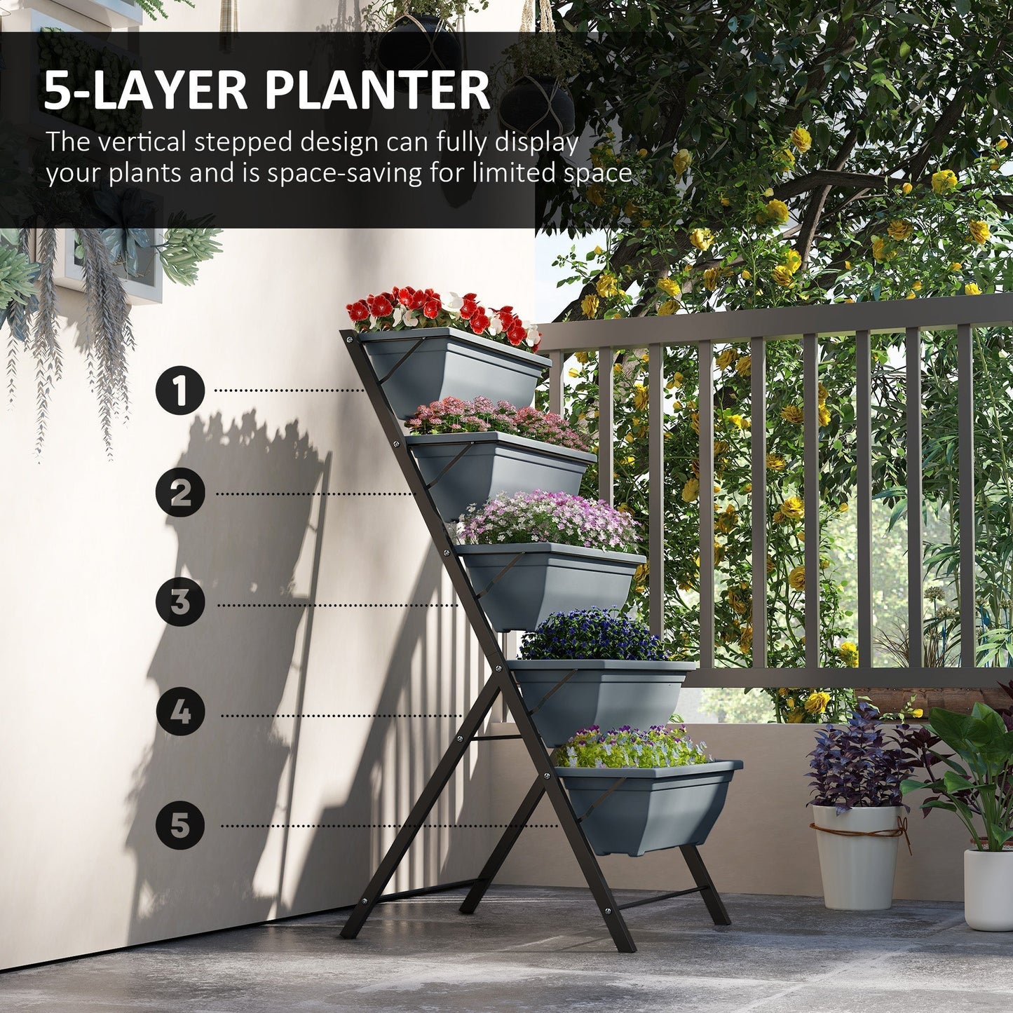 Outsunny 5 Tier Raised Garden Bed With Vertical Ladder 5 Removable Boxes Drainage Holes SpaceSaving For Patios