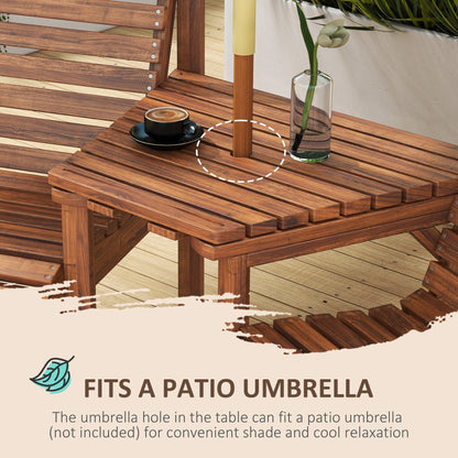 Outsunny Wooden Garden Love Seat With Coffee Table And Umbrella Hole Tan Brown Outdoor Patio Set