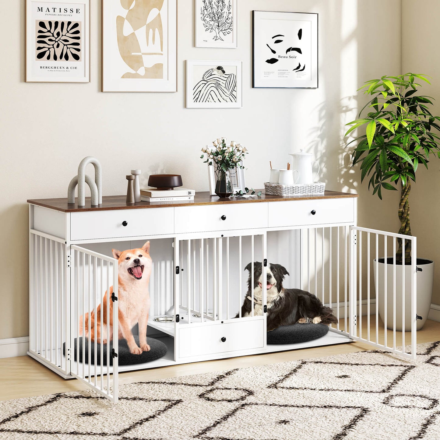 Double Dog Crate Furniture Sturdy Kennel With Pullout Feeder And 3 Drawers White For Pet Owners