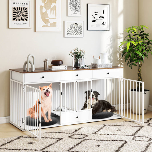 Double Dog Crate Furniture Sturdy Kennel With Pullout Feeder And 3 Drawers White For Pet Owners