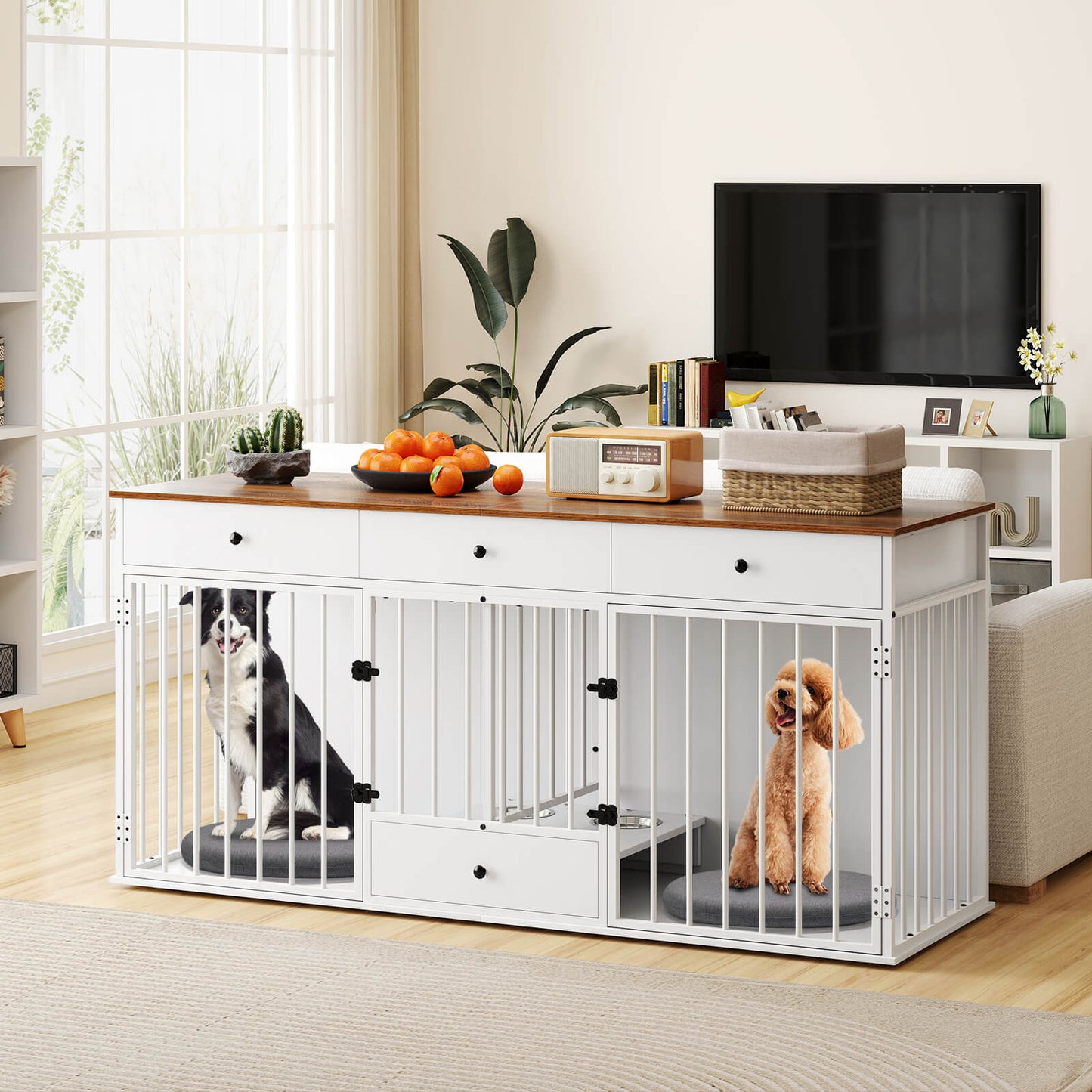 Double Dog Crate Furniture Sturdy Kennel With Pullout Feeder And 3 Drawers White For Pet Owners