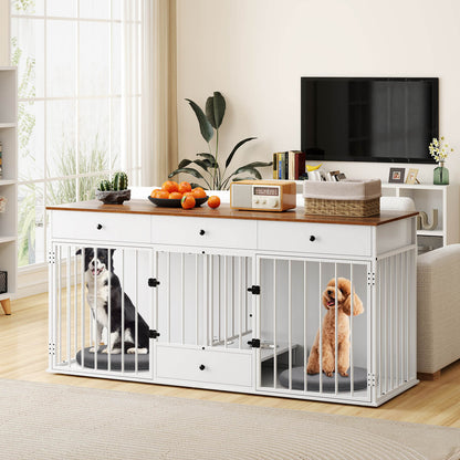 Double Dog Crate Furniture Sturdy Kennel With Pullout Feeder And 3 Drawers White For Pet Owners