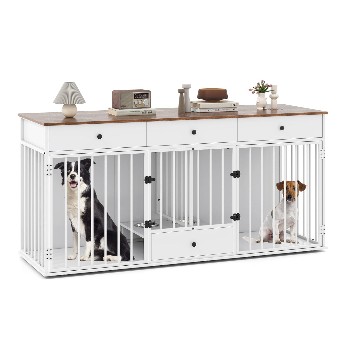 Double Dog Crate Furniture Sturdy Kennel With Pullout Feeder And 3 Drawers White For Pet Owners