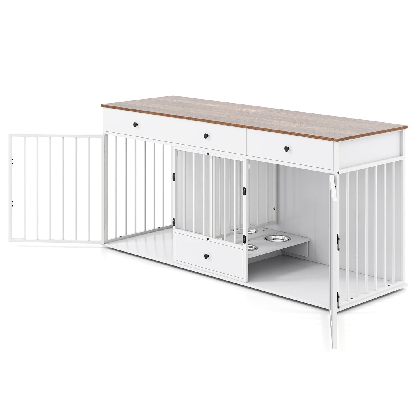Double Dog Crate Furniture Sturdy Kennel With Pullout Feeder And 3 Drawers White For Pet Owners