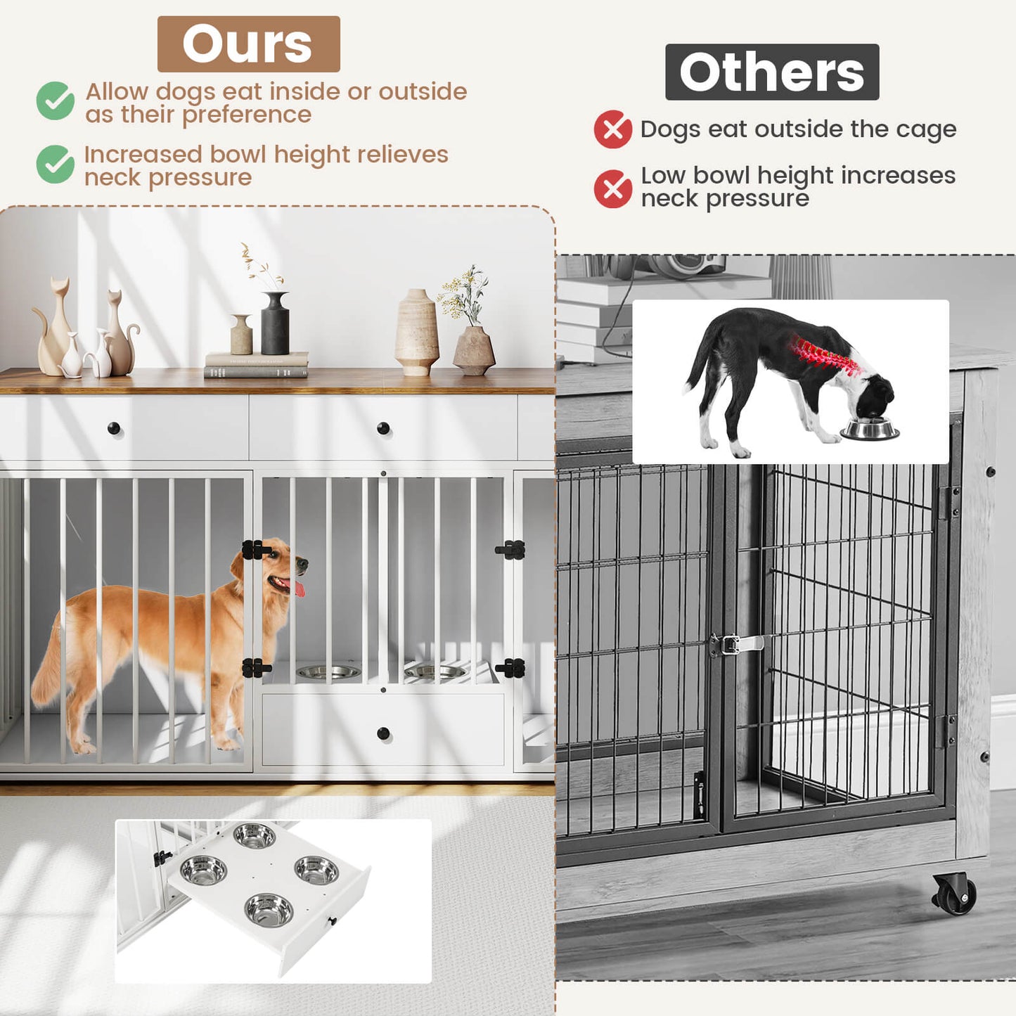 Double Dog Crate Furniture Sturdy Kennel With Pullout Feeder And 3 Drawers White For Pet Owners