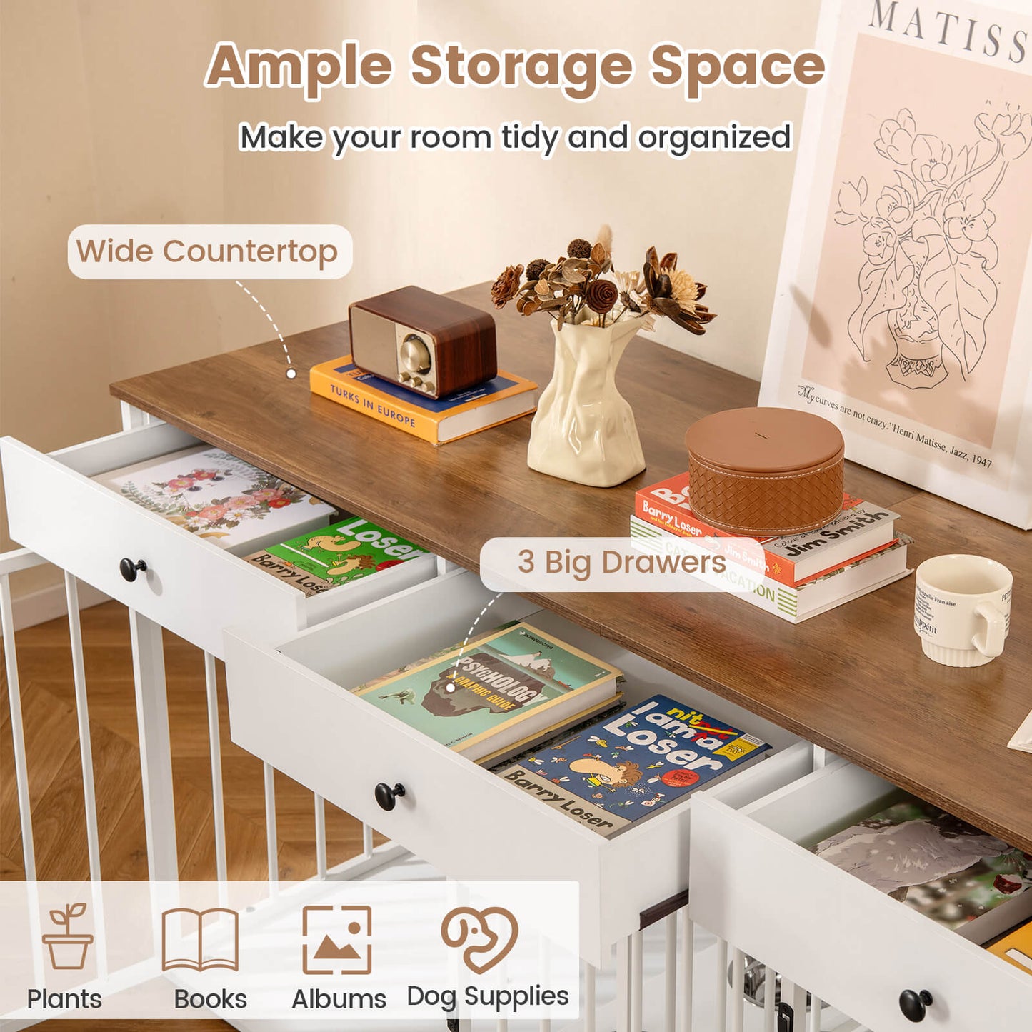 Double Dog Crate Furniture Sturdy Kennel With Pullout Feeder And 3 Drawers White For Pet Owners