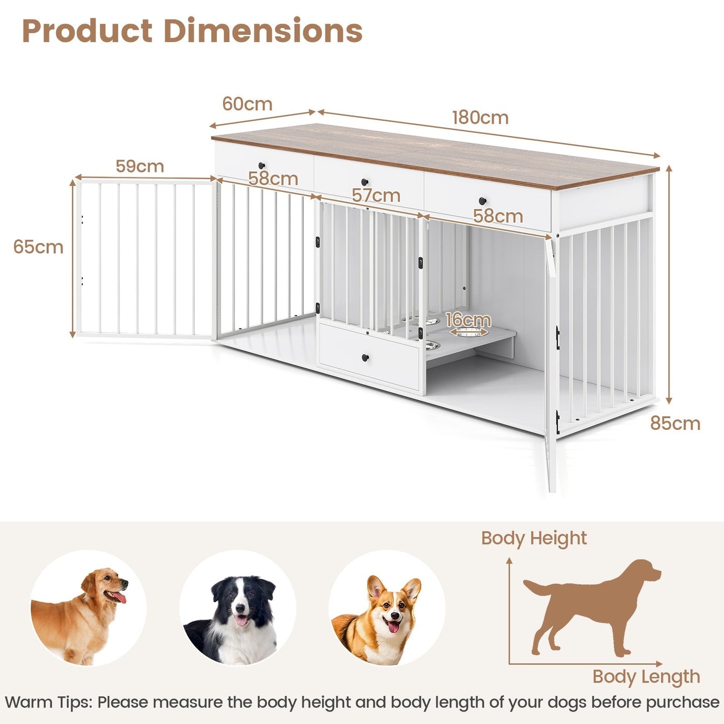 Double Dog Crate Furniture Sturdy Kennel With Pullout Feeder And 3 Drawers White For Pet Owners