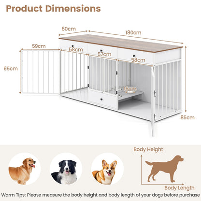 Double Dog Crate Furniture Sturdy Kennel With Pullout Feeder And 3 Drawers White For Pet Owners