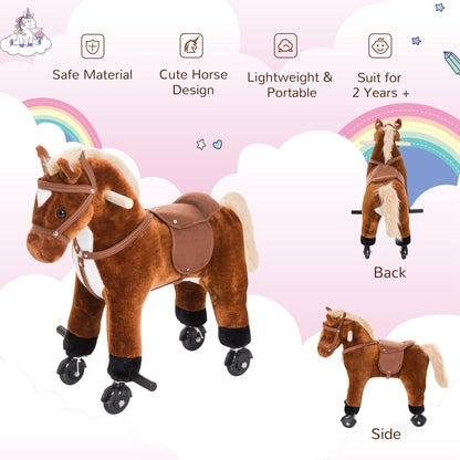 HOMCOM Kids Ride On Rocking Horse With Wheels And Sound Plush Toy For Toddlers 2 Years Up Brown