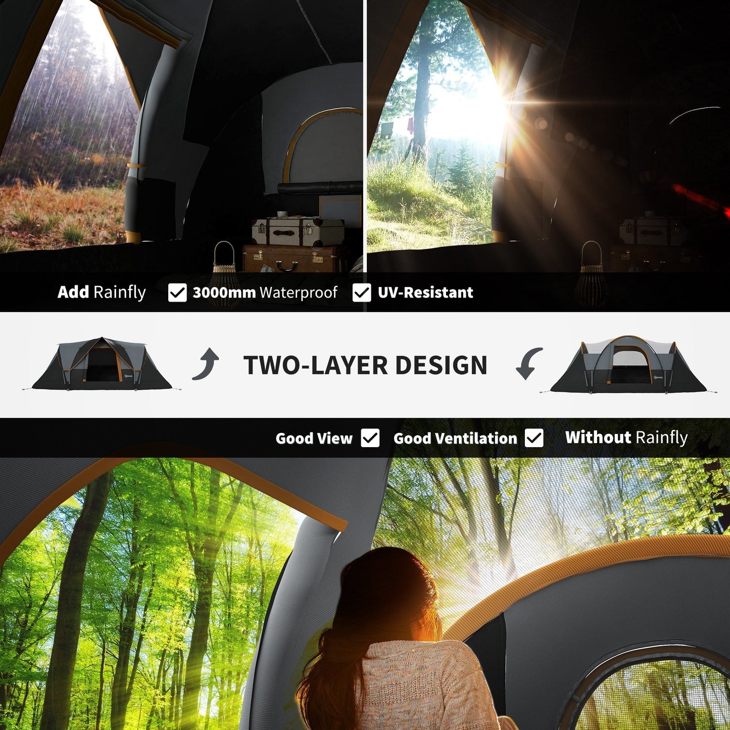 Outsunny 6 Person Dome Camping Tent For Family Camping With Blackout Double Layer And Fibreglass Poles
