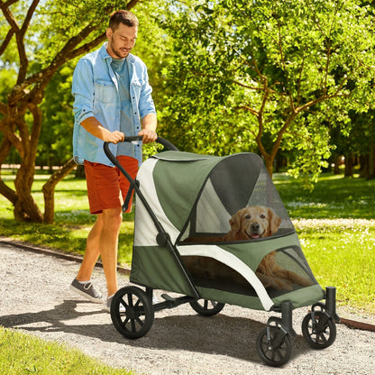 PawHut Foldable Pet Stroller For Large Dogs With Four Big Wheels, Shock-Absorbing Frame, Brakes And Detachable Wheels