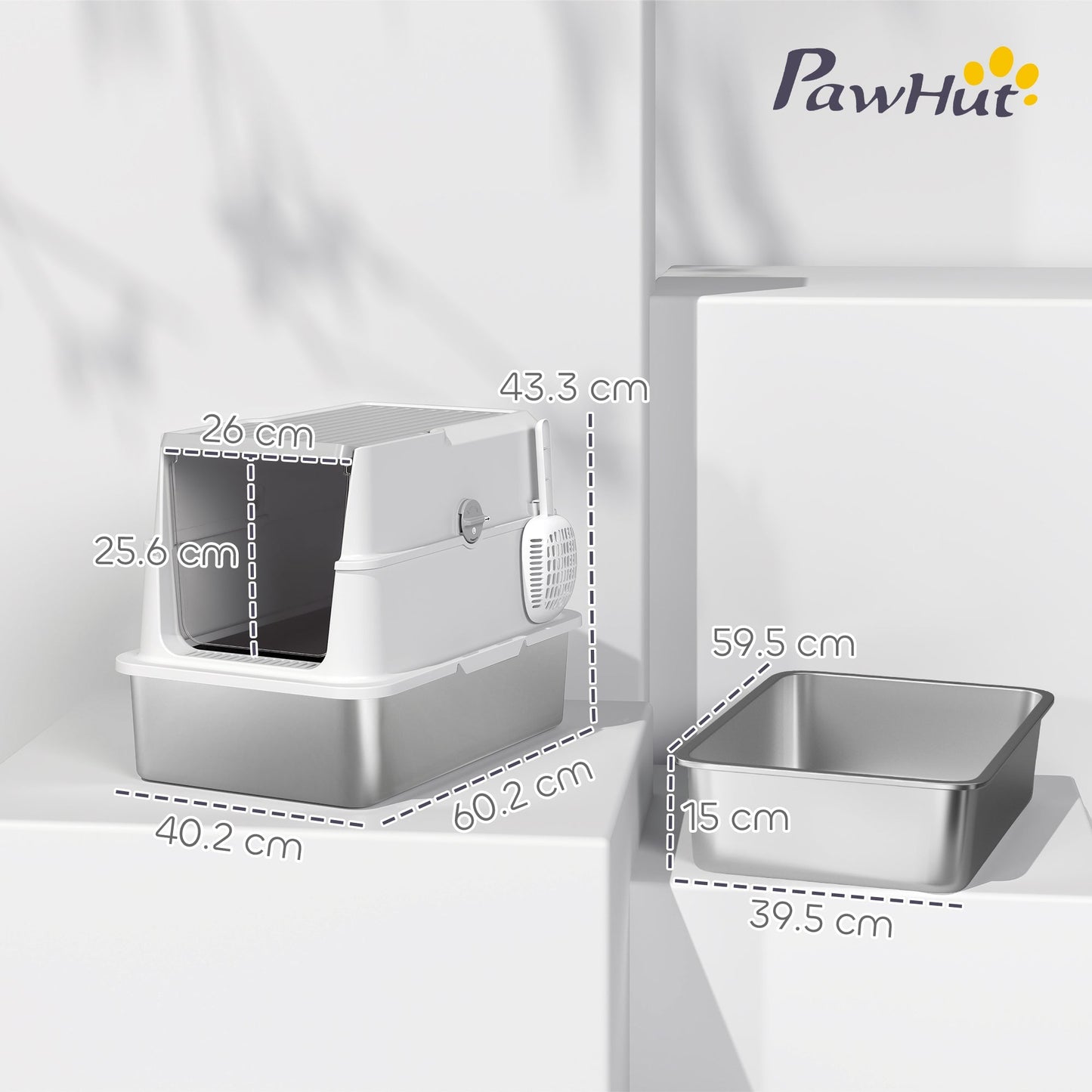 PawHut Extra Large Odour Resistant Stainless Steel Cat Litter Tray With Scoop And Flip Top For Large Cats