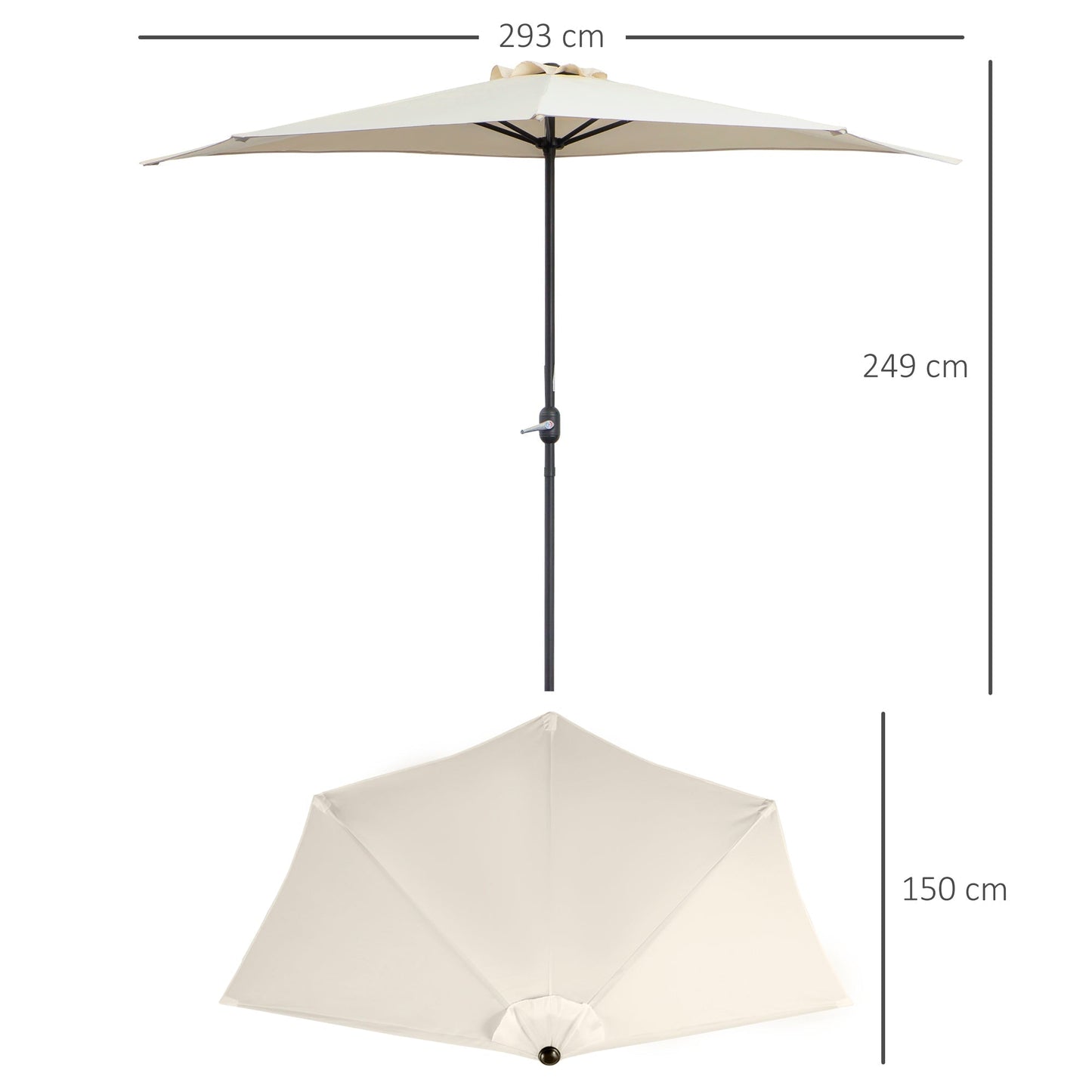 Outsunny 3m Half Parasol Wall Mounted Space Saving Balcony Garden Umbrella With Crank Handle Cream