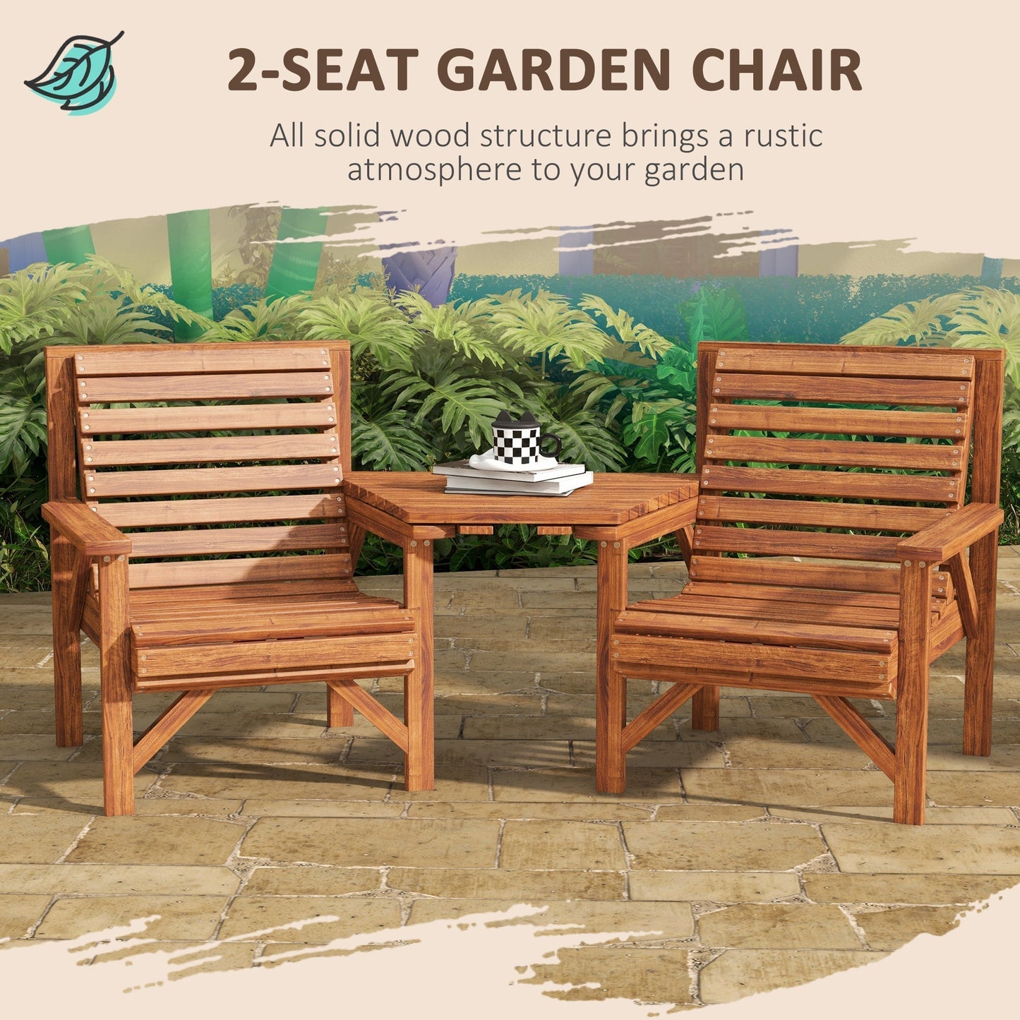 Outsunny Wooden Garden Love Seat With Coffee Table And Umbrella Hole Tan Brown Outdoor Patio Set