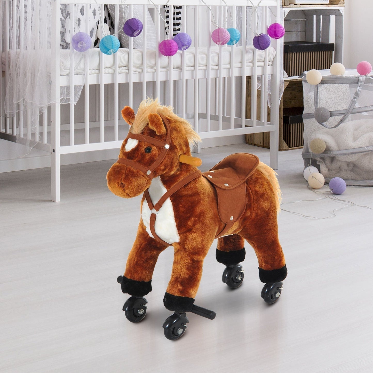 HOMCOM Kids Ride On Rocking Horse With Wheels And Sound Plush Toy For Toddlers 2 Years Up Brown