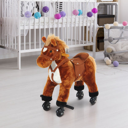 HOMCOM Kids Ride On Rocking Horse With Wheels And Sound Plush Toy For Toddlers 2 Years Up Brown