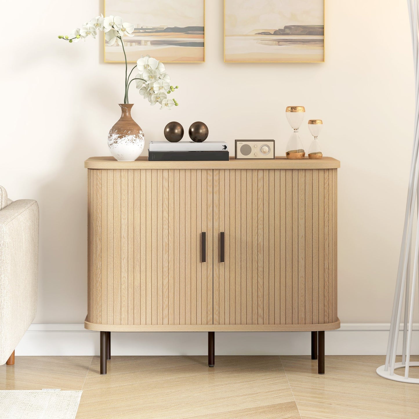 HOMCOM Mid Century Modern Sideboard Cabinet With Slatted Tambour Doors Ideal For Small Kitchens Oak Tone