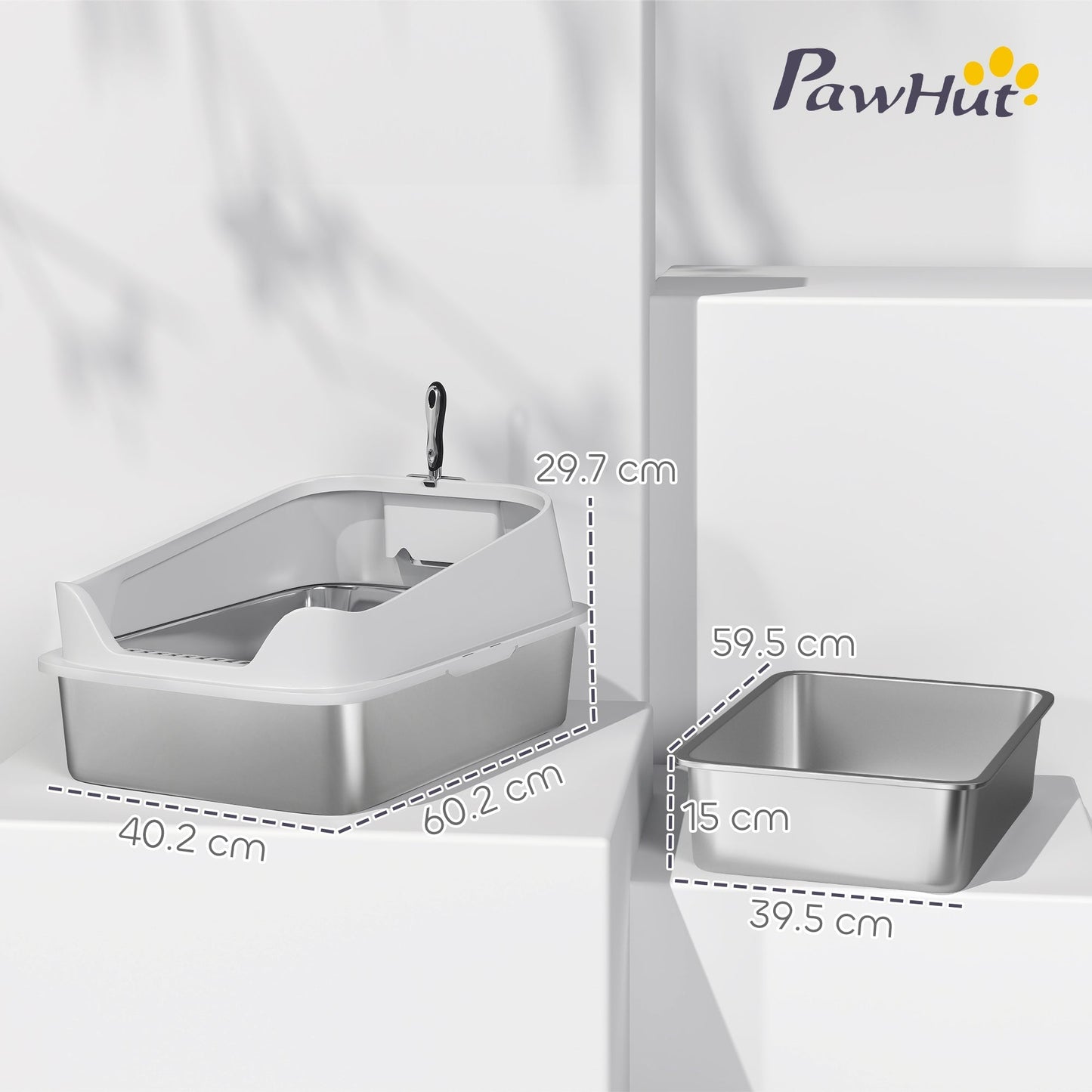 PawHut XL Stainless Steel Cat Litter Box With High Sides And Scoop, Odor Resistant, Spacious For Large Cats
