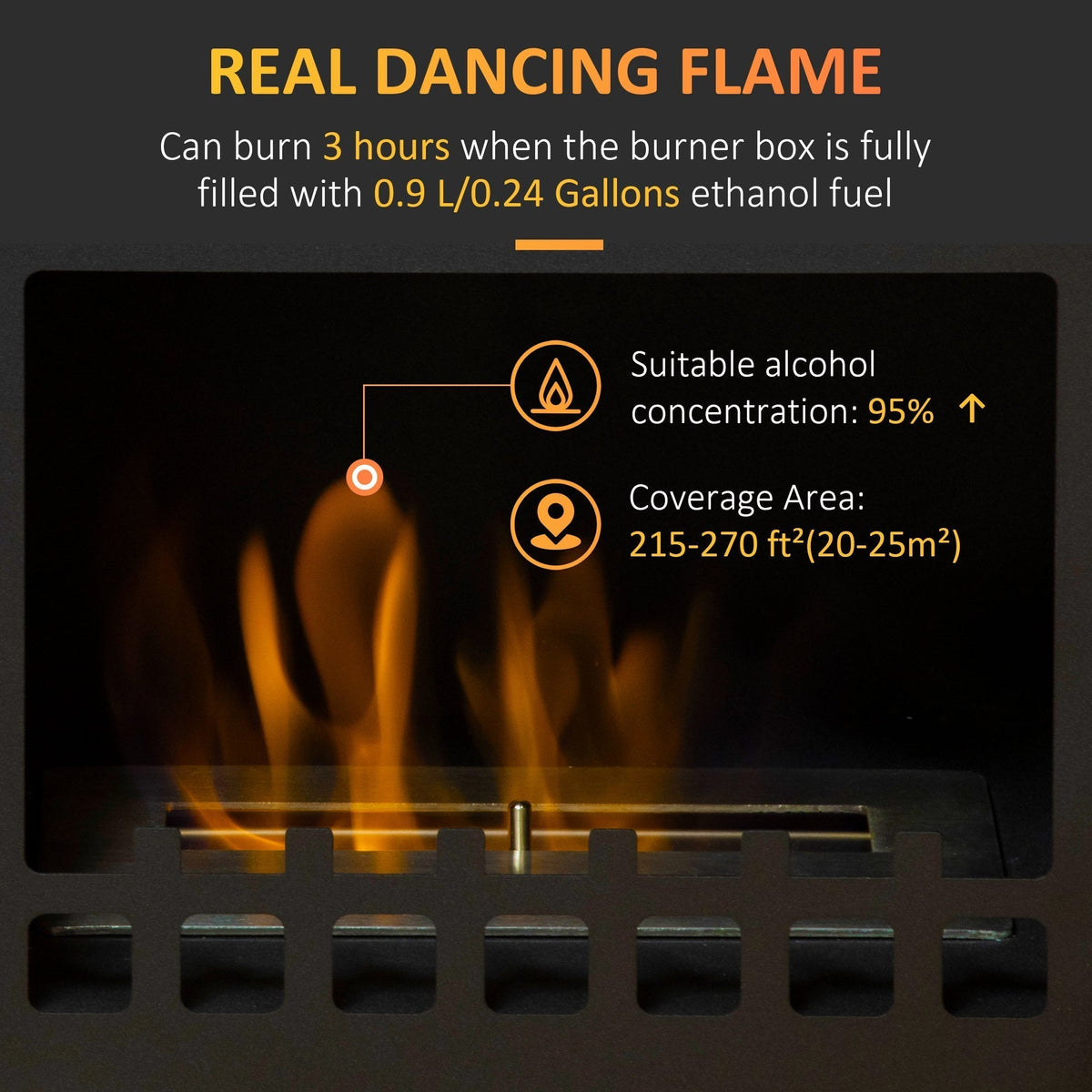 HOMCOM Ethanol Fireplace Free Standing Bioethanol Heater For Small Spaces Point Nine Liter Tank 3 Hour Burn Time Black
