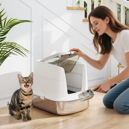 PawHut Stainless Steel Litter Box Enclosed With Front Entry Top Exit Odor Resistant For Cats