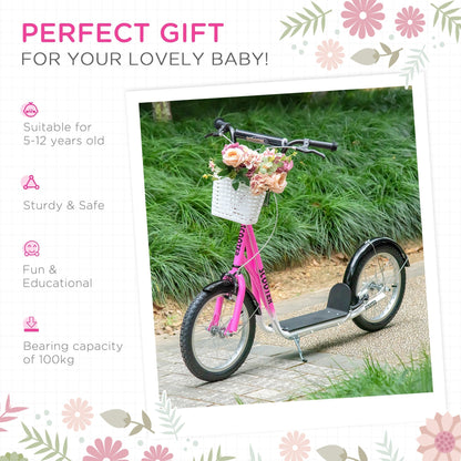 HOMCOM Kids Scooter For Ages 5-12, Adjustable Handlebar, Dual Brakes, 16-Inch Inflatable Wheels, Pink