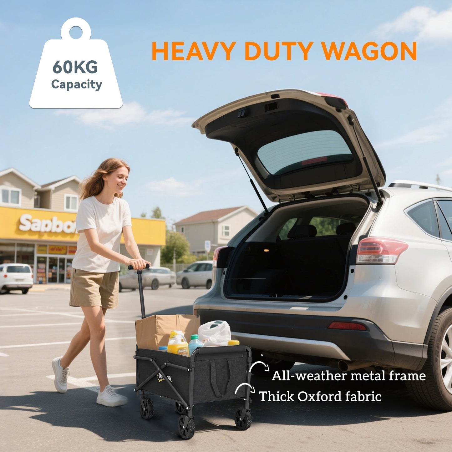 Outsunny 41L Festival Trolley On Wheels Heavy Duty Folding Wagon With Adjustable Handle For Beach Camping Festivals