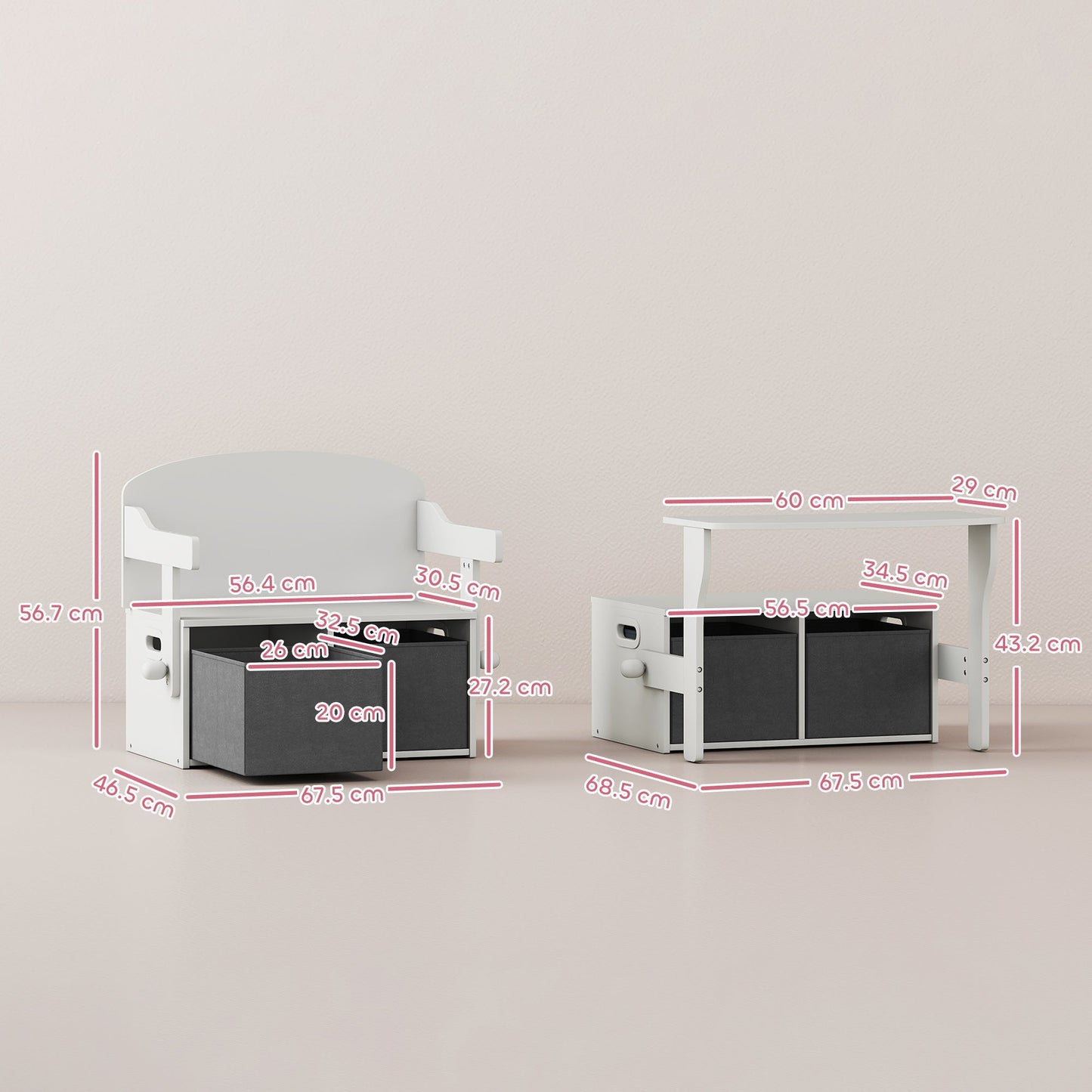 AIYAPLAY 3 In 1 Kids Storage Bench Convertible Table Chair Set With Bins