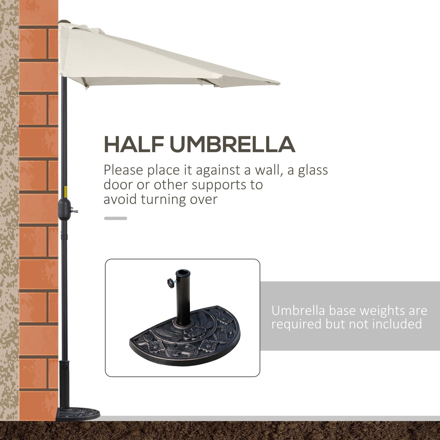 Outsunny 3m Half Parasol Wall Mounted Space Saving Balcony Garden Umbrella With Crank Handle Cream