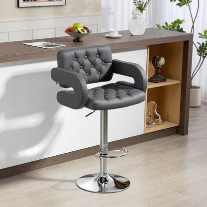 HOMCOM PU Leather Swivel Bar Stool For Home Kitchens With Height Adjustable Back Armrest Footrest Modern Grey