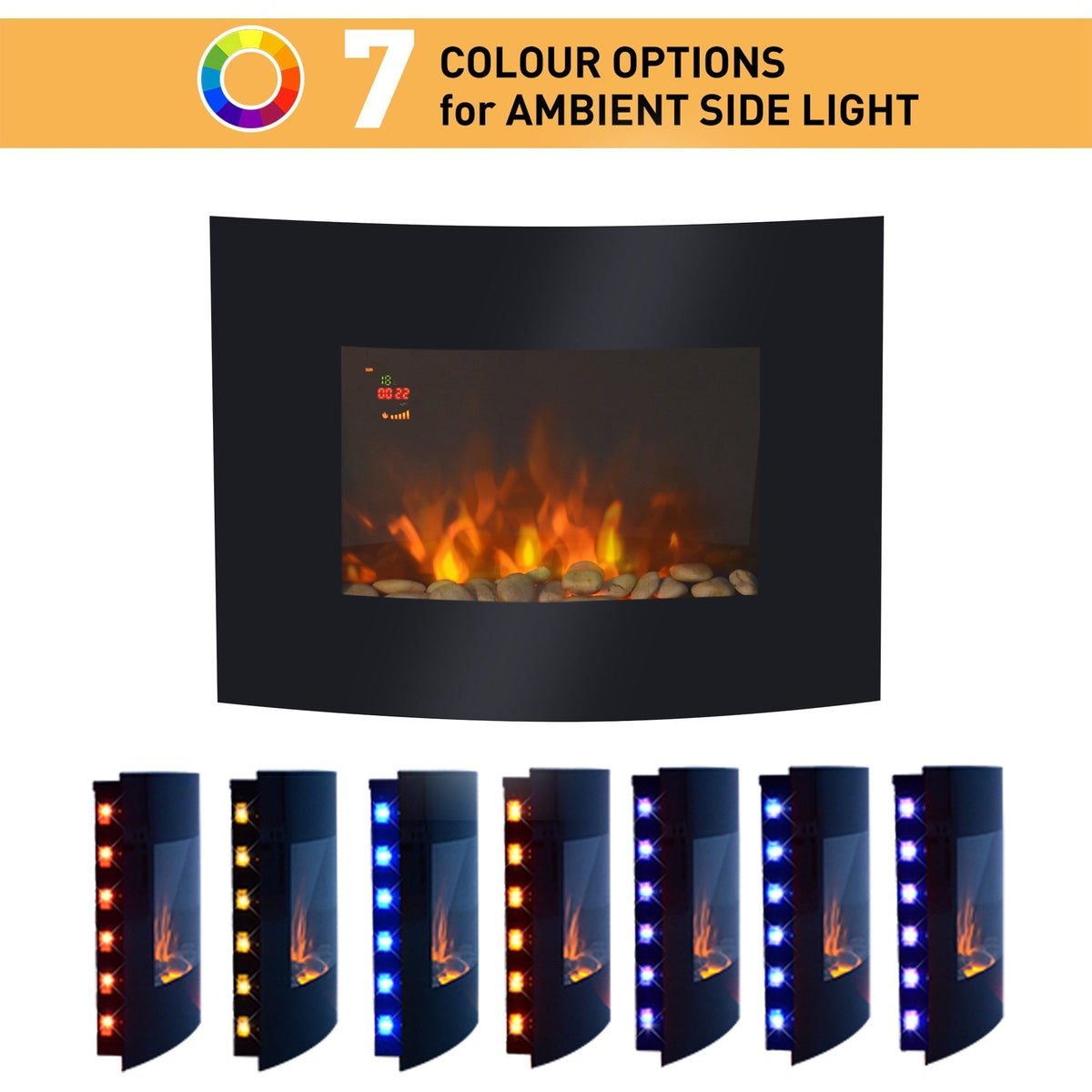 HOMCOM LED Wall Mounted Electric Fireplace With Curved Glass Dual Heat 7 Colour Lights Slimline 900 1800W For Homes