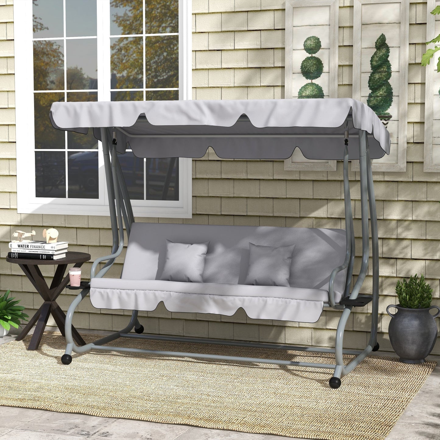 Outsunny Three Person Garden Swing Chair With Adjustable Canopy And Tilting Backrest For Outdoor Family Use