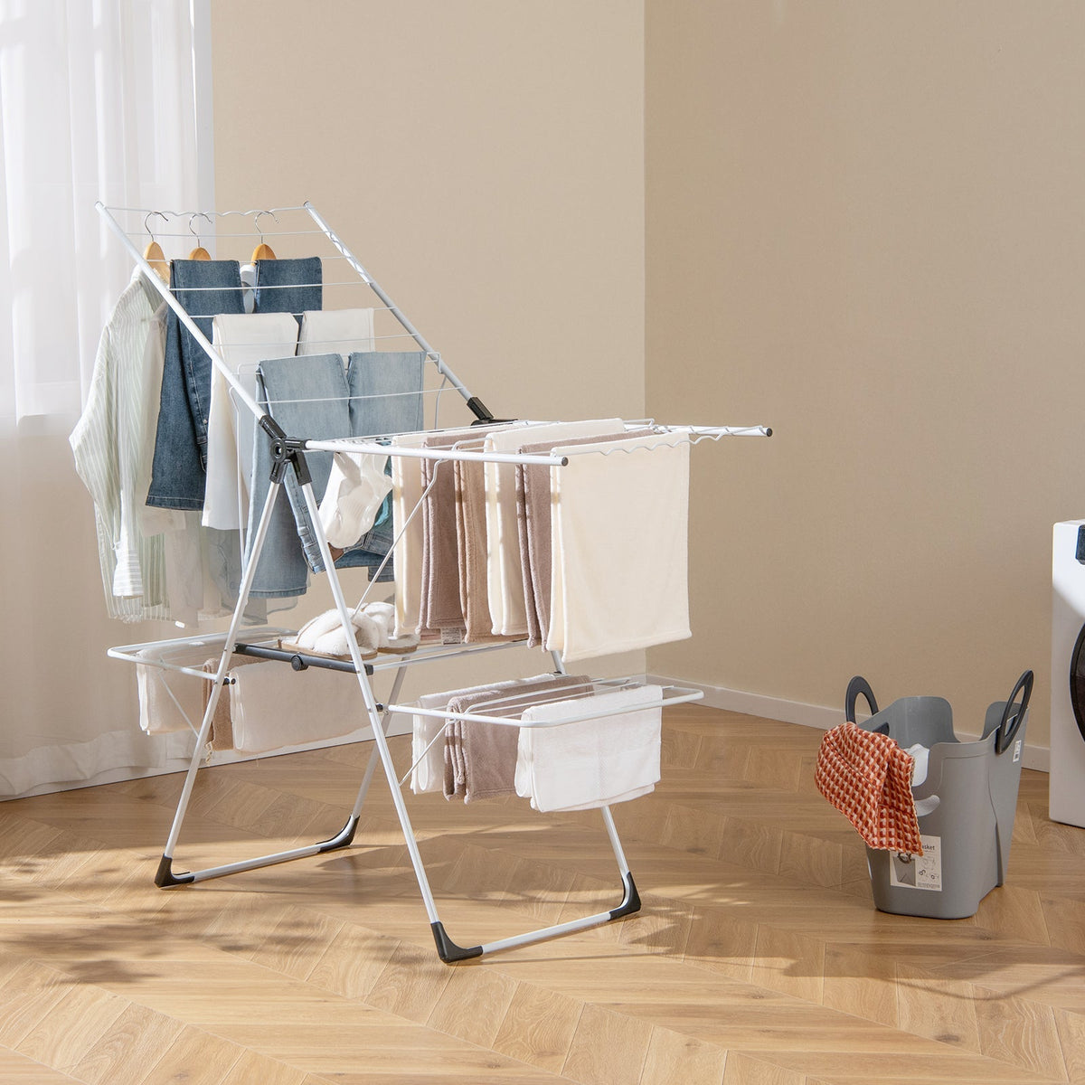 Laundry Drying Rack With Height Adjustable Wings Two Tier Space Saving For Small Spaces