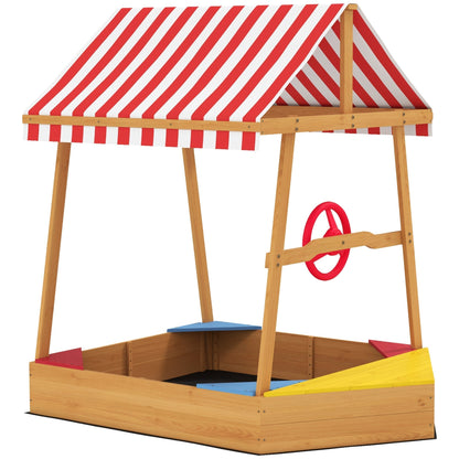 AIYAPLAY Wooden Boat Style Sandpit With Canopy For Kids Aged 3 To 8 Imaginative Outdoor Adventure