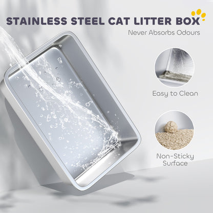 PawHut XL Stainless Steel Cat Litter Box With High Sides And Scoop, Odor Resistant, Spacious For Large Cats