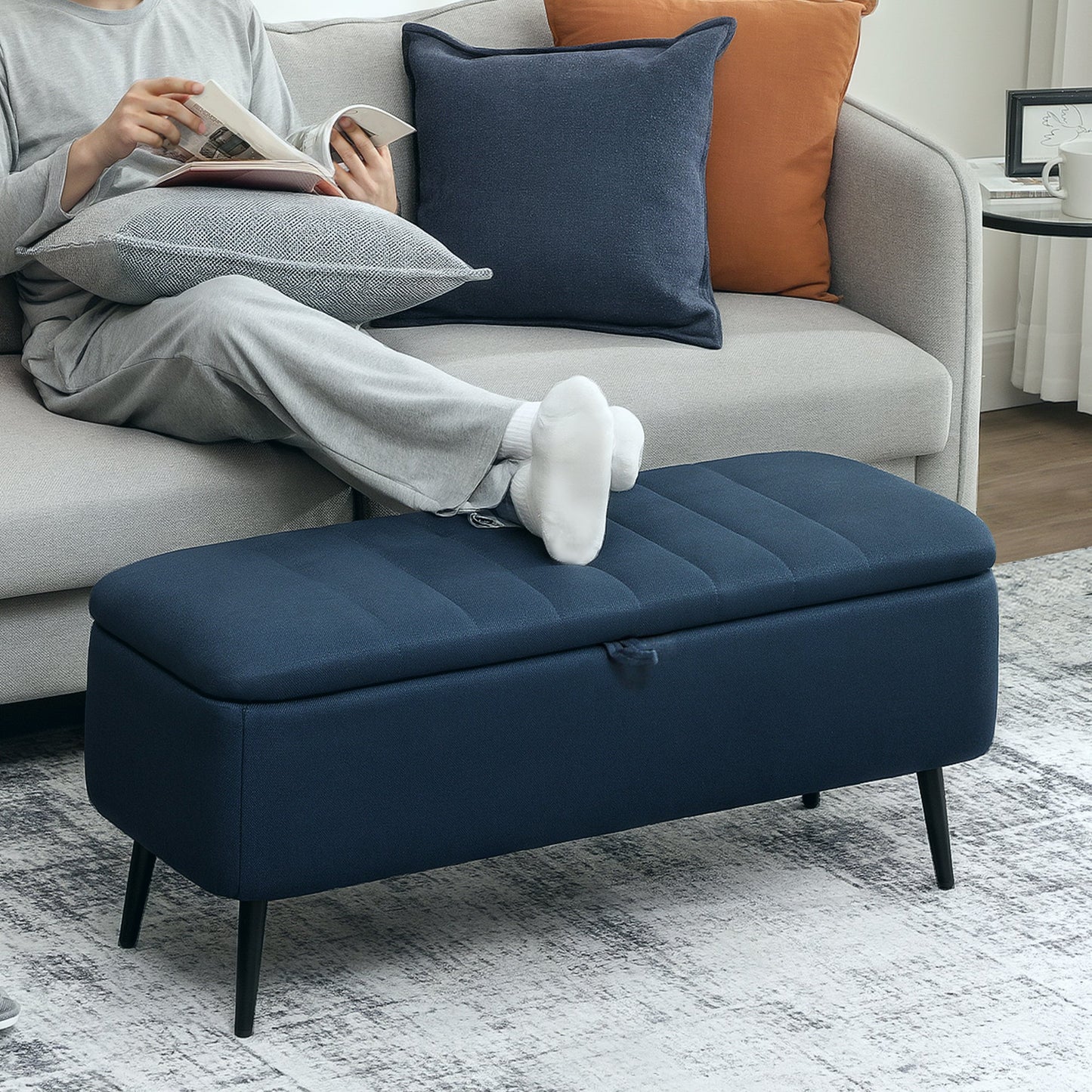 HOMCOM Linen Look Storage Ottoman 92cm By 31cm For Living Room Padded Lid