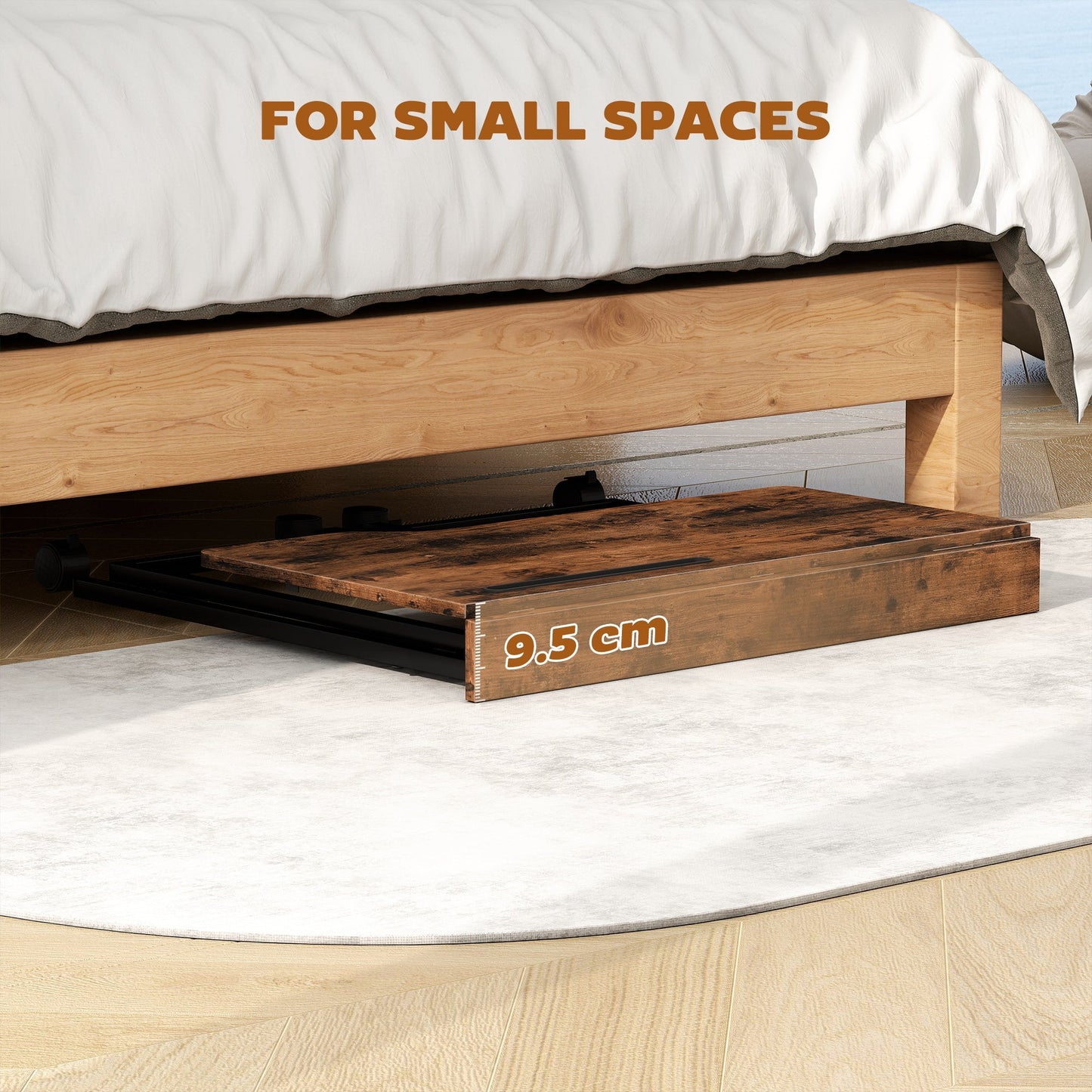 HOMCOM Folding Desk On Wheels With Locking Wheels Rustic Brown Space Saving For Small Spaces
