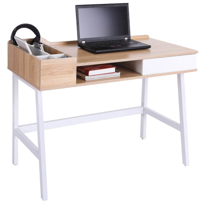 HOMCOM Computer Desk With Storage Drawer And Cable Management Oak White Ideal For Home Office And Students