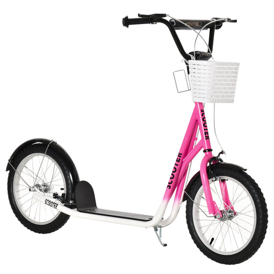 HOMCOM Kids Scooter For Ages 5-12, Adjustable Handlebar, Dual Brakes, 16-Inch Inflatable Wheels, Pink