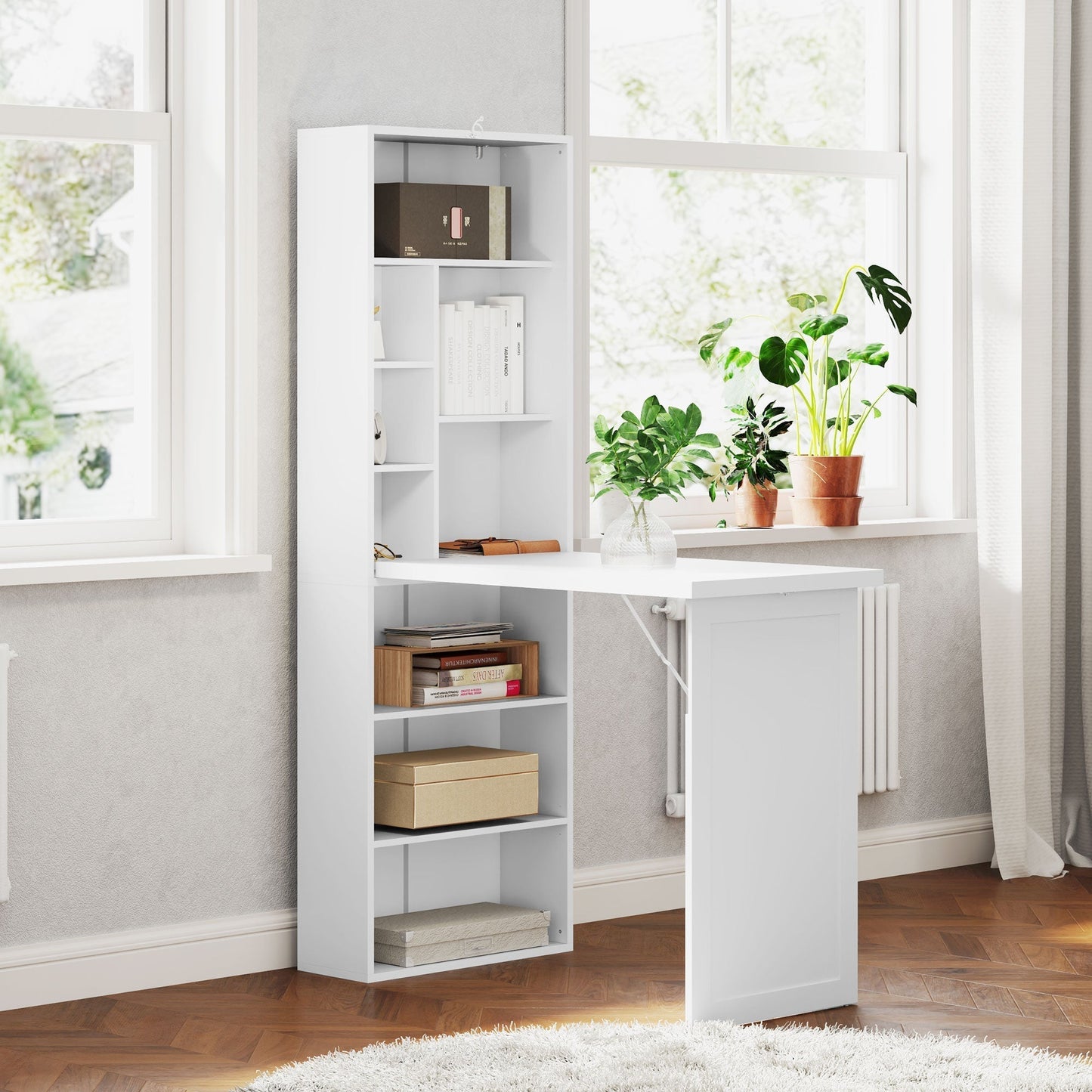 HOMCOM Fold Out Desk 98cm With Storage And Writing Board For Small Home Offices Space Saving White