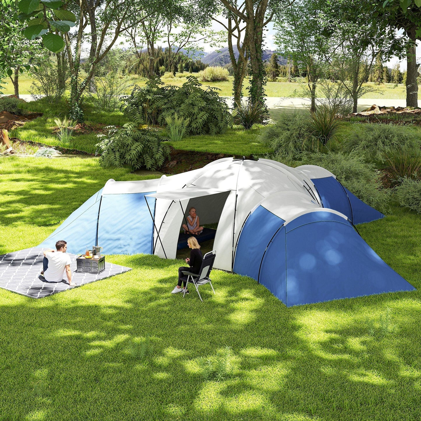 Outsunny Six To Nine Person Tent With Three Bedrooms And Living Room For Family Camping Accessories Included
