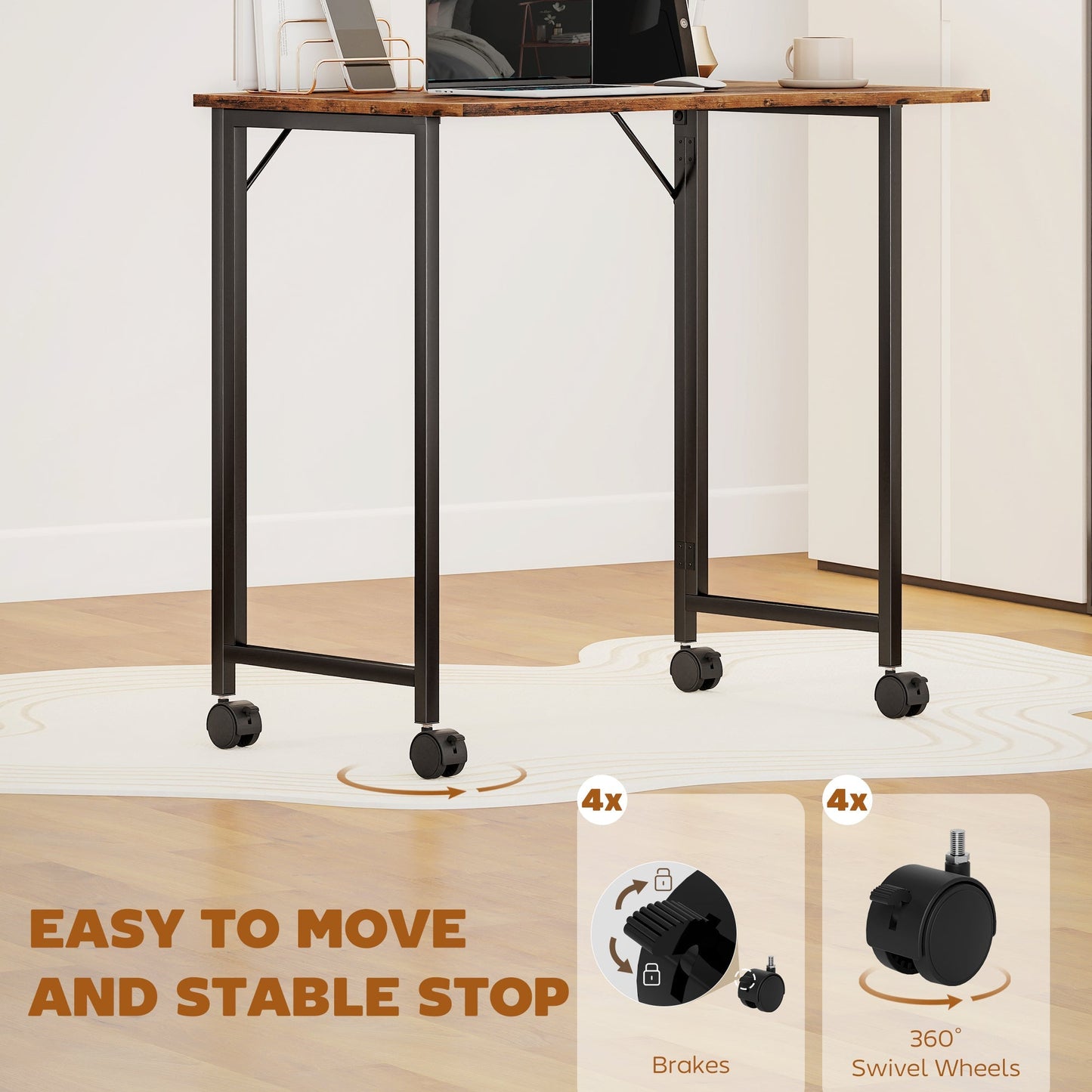 HOMCOM Folding Desk On Wheels With Locking Wheels Rustic Brown Space Saving For Small Spaces